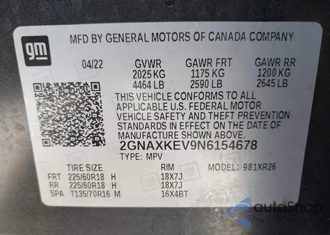 2022 Chevrolet Equinox Fwd Lt z USA, uszkodzony, nr VIN 2GNAXKEV9N6154678